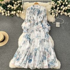 Olivia Mark - Floral Chiffon Summer Resort Dress with Pleated Lotus Leaf Hem Resort Dress, Elegant Bodycon Dress, Floral Chiffon Maxi Dress, Long Denim Skirt, Resort Dresses, Vintage Floral Dress, Lotus Leaf, Bodycon Maxi Dresses, Pleated Bodice