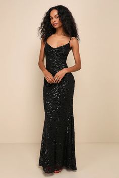 Captivate the crowd with the way you move in the Lulus Mesmerizing Demeanor Black Sequin Backless Mermaid Maxi Dress! Sparkling black sequins create an intricate, wavy design across stretchy mesh knit as it falls from adjustable spaghetti straps into a flattering V-neckline and a fitted bodice. The figure-skimming silhouette continues into a mermaid maxi skirt that features an elegant train at back. The deep V-back creates a sultry final finish! Hidden back zipper/clasp. Mermaid Maxi Skirt, Mermaid Maxi Dress, Prom Dress Inspo, Wavy Design, Black Prom Dress, Black Prom, Prom Dress Inspiration, Cute Prom Dresses, Black Sequin Dress