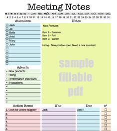 a printable meeting notes with the words sample fileable pdf on top of it