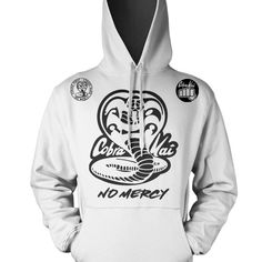 Cobra Kai No Mercy Adult Pullover Hoodie Sweatshirt Jumper Karate Kid 80's Hip Hop Crew Neck Top With Drawstring Hood, White Hip Hop Hoodie Top, Hip Hop Hooded Top With Screen Print, Hip Hop Style Hooded Top With Screen Print, White Hooded Band Merch Top, White Hooded Top With Band Merch, Band Merch White Hoodie With Graphic Print, White Band Merch Hoodie With Graphic Print, White Band Merch Hoodie Sweatshirt