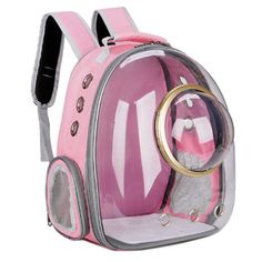 a pink and silver backpack with an animal inside