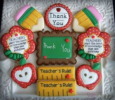 decorated cookies with teacher's rules written on the front and back for teachers day