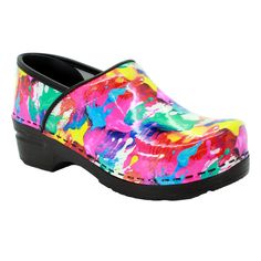 a woman's colorful clogs with black outs