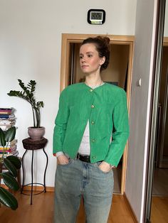 Very good vintage condition, there is a minor stain on the sleeve back. Green Fitted Casual Blazer, Green Long Sleeve Cropped Jacket, Retro Green Blazer For Spring, Vintage Green Spring Outerwear, Green Cropped Fitted Outerwear, Vintage Green Fall Blazer, Fitted Green Cropped Winter Jacket, Fitted Green Cropped Jacket For Winter, Cropped Green Outerwear For Work