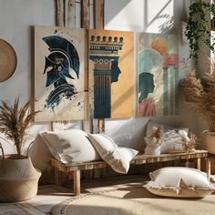 a living room filled with lots of furniture and art on the wall next to potted plants