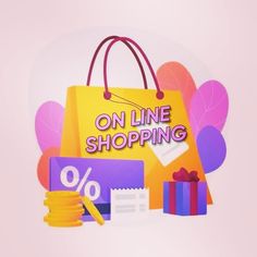 a yellow shopping bag with the words on line shopping next to it and stacks of coins