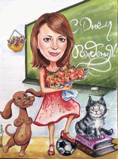 a painting of a girl with flowers and two cats in front of a chalkboard