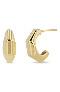 a pair of gold earrings with an oval design on the front and back, set in 18k yellow gold