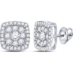 GND 14K White Gold Round Diamond Square Cluster Stud Earrings with Pave-Set Diamonds - 1.25 Carat Total Diamond Weight Diamond Cluster Earrings, Round Diamond Setting, Evil Eye Pendant, Square Earrings, Yellow Gold Earring, Cluster Earrings, Fine Jewellery Earrings, Diamond Cluster, Everyday Jewelry