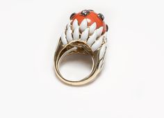 David Webb Ring.Vintage 18K yellow gold, coral round brilliant cut diamond and enamel ring by David Webb. Size 7. Signed David Webb, 18K. David Webb Jewelry Oval Enamel Ring In Fine Jewelry Style, Art Deco Enamel Ring Jewelry, Art Deco Enamel Jewelry Ring, Multi-stone Enamel Ring Jewelry, Formal Enamel Ring With Gemstone, Round Multi-stone Enamel Jewelry, Multi-stone Enamel Ring, Fine Jewelry Collectible Enamel Ring, White Enamel Gemstone Ring