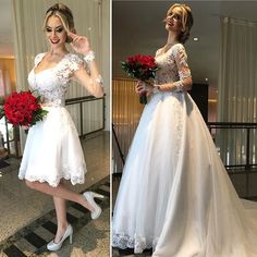 two photos of a woman in white wedding dresses and red roses on her bouquets