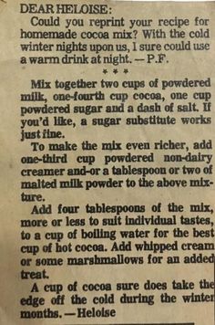 Homemade Cocoa, Homemade Dry Mixes, Homemade Hot Chocolate Mix, Dry Mixes, Cocoa Recipes, Homemade Hot Chocolate, Hot Cocoa Mixes, Family Feast, Cocoa Mix