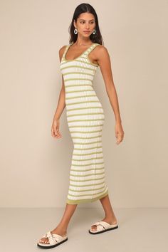 You will be certain to impress when you're wearing a piece like the Lulus Curated Choice Green and Ivory Striped Cutout Knit Midi Dress! Stretchy sweater knit boasts a geometric-inspired, striped pattern as it shapes this ultra-flattering dress that has wide straps and a scoop neckline. Flirty cutout accents the back, paired with a slender sash tie. Bodycon silhouette continues with a figure-hugging waist and skirt, finishing at a midi hem. Fit: This garment fits true to size. Length: Mid-calf l Wineries Outfit, Green Sweater Dress, Cutout Sweater, Flattering Dress, Ivory Dresses, Flattering Dresses, Sweater Dress Midi, Knit Midi, Knit Midi Dress