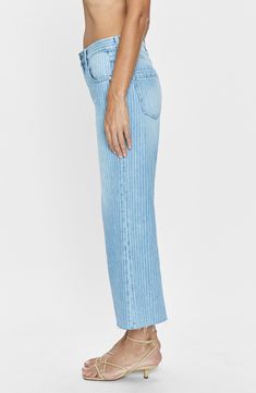 Slender stripes create visual intrigue on nonstretch-denim jeans fitted with a high rise and cropped wide legs for contemporary appeal. 26" inseam; 25" leg opening; 11 3/4" front rise; 15 1/2" back rise (size 29) Zip fly with button closure Five-pocket style 77% cotton, 23% rayon Machine wash, tumble dry Imported Modern Cropped Leg Bottoms For Spring, Striped Jeans For Spring, Spring Cropped Jeans, Modern High-rise Cropped Jeans For Spring, Striped Fitted Wide Leg Jeans, Chic Striped High Rise Pants, Denim Wide Leg Bottoms With Vertical Stripes, Chic Cropped Pants In Medium Wash, Wide Leg Denim Bottoms With Vertical Stripes