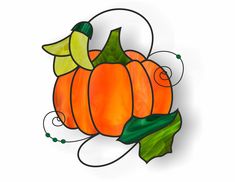 a stained glass pumpkin sitting on top of a white surface with leaves and swirls around it