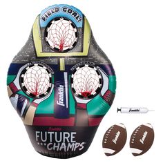 an inflatable football shaped balloon with the words future champs printed on it and two ear plugs