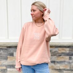 Reach out and find your Happily Ever After ✧ Our vintage pigment-dyed sweatshirts are so comfy and lightweight, you won't want to take it off and you'll have it for years! Now in a spring dusty pink/peach color, this crewneck is embroidered for a subtle, monochromatic design so you can wear the magic wherever you are, any day. This sweatshirt has an oversized fit. Model is 5'5" and wearing a size medium. Features 80% ring spun cotton, 20% polyester blend 100% cotton 30 singles face yarn split st Oversized Soft-washed Pink Sweatshirt, Oversized Pink Sweatshirt For Everyday, Spring Soft-washed Sweatshirt For Loungewear, Soft-washed Relaxed Fit Sweatshirt For Spring, Trendy Pink Sweatshirt, Trendy Pink Everyday Sweatshirt, Spring Distressed Cotton Sweatshirt, Spring Cotton Distressed Sweatshirt, Trendy Pink Sweatshirt For Everyday