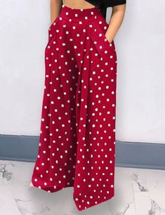 Red Polka Dot Wide Leg Bell-bottomed Pants Summer Polka Dot Pants With Elastic Waistband, Polka Dot Wide Leg Pants With Elastic Waistband, Polka Dot Wide-leg Pants With Elastic Waistband, Non-stretch Polka Dot Summer Bottoms, Summer Wide Leg Polka Dot Pants, Polka Dot Wide Leg Summer Pants, Casual Wide Leg Polka Dot Pants, High Waist Polka Dot Bottoms With Elastic Waistband, Casual Polka Dot Wide Leg Pants