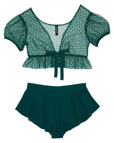 Lindy Dark Green Crop Top and Short Set, S-L | Adore Me Coquette Ruffled Sleepwear For Summer, Coquette Ruffled Summer Sleepwear, Vacation Sleepwear With Short Sleeves, Sheer Coquette Sleepwear For Summer, Fitted Summer Sleepwear With Short Sleeves, Fitted Coquette Summer Sleepwear, Summer Party Sleepwear With Ruffles, Fitted Summer Sleepwear In Coquette Style, Flirty Sheer Sleepwear For Summer