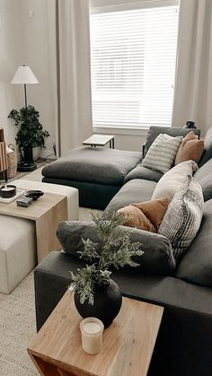 a living room with two couches and a coffee table in front of a window