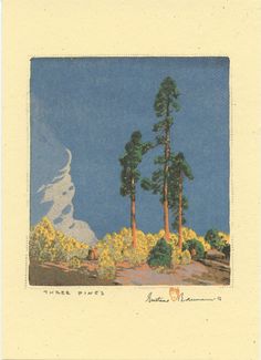 an old postcard with some trees in the foreground and clouds in the background