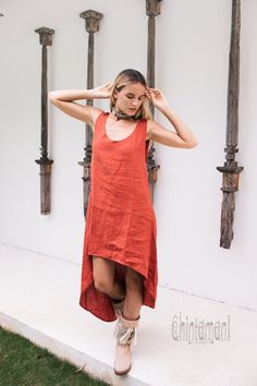 Graceful maxi open back linen dress in red ochre / terracotta color from   our limited collection comes in noble and durable 100% pure washed   linen. Its sophisticated silhouette shows off your back in a quite   sensual way. Although, don't worry - specially designed lacing with an   amazing brass big feather pendant will keep this bohemian dress from   sliding from your shoulders unexpectedly. Casual Wedding Guest Dress, Dress Goddess, Casual Wedding Guest, Linen Wedding Dress, Casual Wedding Guest Dresses, Organic Dress, Maxi Dress Casual, Terracotta Color, Red Ochre