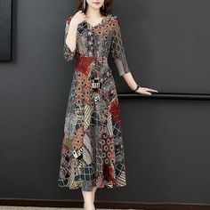 Olivia Mark - Floral Print Knee-Length Dress Main Map, Terry Cloth Dress, Three Quarter Sleeve Dresses, Vintage Clothes Women, Knee Skirts, Spring Skirts, Dress Stores Online, Maxi Dress Online, Dress Images