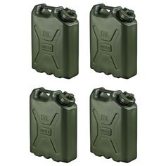 four green jerry canisters are shown on a white background