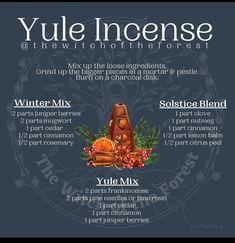 the yule incense winter mix is shown with information about its ingredients and how to use it