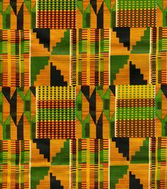 an african print fabric with green, orange and yellow squares on it's sides