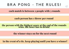 the rules for bra pong - the rules are in pink, yellow and green