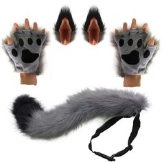 an assortment of furry animal gloves and headbands