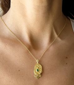 Boho gold necklace 9k 14 k Solid gold necklace with green emerald May birthstone, Yellow gold necklace, Delicate Pendant, Gift for her This solid gold necklace has a rustic textured and is set with a natural green emerald. The pendant has a delicate granulation all around it. This pendant is delicate but has a lot of character, and will upgrade any outfit you'll wear, for everyday use, as for special occasions The pendant can be ordered without the chain too. An excellent choice for anniversary Fine Jewelry Gold Emerald Necklace With Delicate Chain, Gold Emerald Necklace With Delicate Chain, Fine Jewelry, Fine Jewelry Yellow Gold Necklace For May Birthstone, Dainty Gold Emerald Necklace With Delicate Chain, Gold Plated Emerald Necklace As A Fine Jewelry Gift, Emerald Necklace With Delicate Chain For Gift, Yellow Gold Delicate Chain Necklace For May Birthstone, Emerald Necklace With Delicate Chain As Gift, Dainty Emerald Pendant Necklace With Delicate Chain