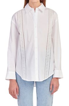 Airy embroidered eyelets punctuate a crisp cotton-poplin shirt fashioned with a curved hem. Point collar Long sleeves with two-button cuffs 100% cotton Hand wash, dry flat Imported Summer Button-up Shirt With Broderie Anglaise, Casual Broderie Anglaise Shirt For Daywear, Daywear Eyelet Button-up Top, Cotton Eyelet Blouse With Relaxed Fit, Relaxed Fit Eyelet Tops For Daywear, Elegant Cotton Eyelet Tops, Eyelet Tops With Relaxed Fit For Daywear, Cotton Blouse With Cutwork Hem For Daywear, White Button-up Eyelet Blouse