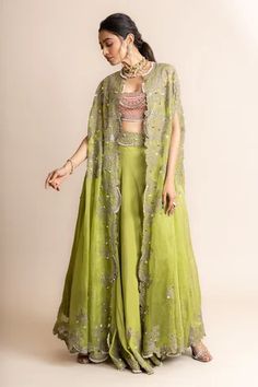 Shop for Nupur Kanoi Green Organza- Georgette Embroidered Border Long Cape And Sharara Set for Women Online at Aza Fashions Long Cape Dress Indian, Green Sharara Suit For Mehendi, Fusion Wear Indian Western, Indowestern Outfits Women, Jacket Variation, Cape Dress Indian, Mehendi Ceremony Outfits, Green Suit Women, Nupur Kanoi