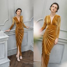 "YULIA Wedding Guest Velvet Dress | Bridesmaid Long Sleeve Dress | Engagement Long Dress | Velvet Cocktail Dress | Mother Of The Bride Dress * V-neck * Long sleeves * Zip-back fastening * Gathered side dress * All made from velvet fabric * This is a handmade item according to your own orders - - - - - - - - - - - - - - - - - - - - - - - SIZE GUIDE Model is 5.64 ft (173 cm), bust: 32 1/4\" (83cm), waist: 24 3/8\" (64cm), hips: 35\" (91cm), wearing XS, color: V004 Mustard Yellow Body measurements Velvet Gold Dress, Velvet Mother Of The Bride Dress, Engagement Long Dress, Yellow Velvet Dress, Witchy Wedding, Linen Summer Outfits, Velvet Wedding Dress, Gold Velvet Dress, Long Sleeve Bridesmaid Dress