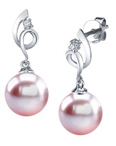 These beautiful earrings would make a beautiful match with our matching symphony pendant. These gorgeous 14K gold pearl earrings have beautiful 9mm AAAA quality pink freshwater pearls with a 'Very High' grade luster! Two beautiful diamonds adorn these romantic pearl earrings which exhibit all the beauty of pearls without traveling the distance! Elegant Pink Pearl Charm Jewelry, Elegant Pink Pearl Jewelry, Elegant Pink Pearl Earrings In Sterling Silver, Elegant Pink Sterling Silver Pearl Earrings, Classic Pink Akoya Pearl Jewelry, Pink Dangle Pearl Earrings For Formal Occasions, Pink Drop Pearl Earrings For Formal Occasions, Elegant Akoya Pearl Pink Jewelry, Elegant Pink Akoya Pearl Jewelry