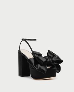 Shop the Kiki Black Satin Platform Sandal at Loefflerrandall.com Red Satin Top, Black Satin Top, Red Blush, Sequin Bow, Bow Heels, Holiday Party Outfit, Satin Top, Red Satin, Seasonal Fashion