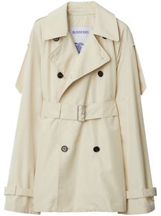 light beige silk notched lapels double-breasted button fastening belted waist storm flap long sleeves belted cuffs straight hem Burberry Shorts, Short Trench Coat, Beige Silk, Burberry Jacket, Belted Jacket, Burberry Women, Silk Shorts, Outerwear Coats, Denim Pant