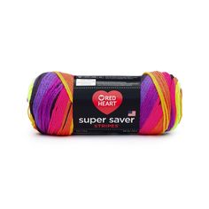 red heart super saver yarn in multicolors on a white background with a black tag