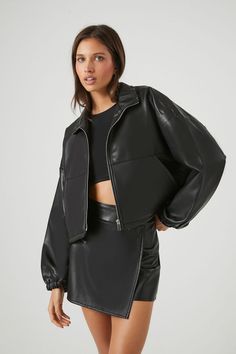 Faux Leather Zip-Up Jacket | Forever 21 Funnel Neck, Faux Leather Jackets, Zip Up, Outerwear Jackets, Sweater Top, Zip Ups, Fitness Models, Forever 21, Comfort Fit