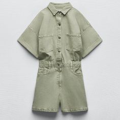 Zara Short Denim Jumpsuit In Light Khaki Size M Never Worn Denim Playsuit, Collar Jumpsuit, Zara Jumpsuit, Zara Shorts, Short Denim, Womens Playsuits, Zara Pants, Short Jumpsuit, Denim Jumpsuit