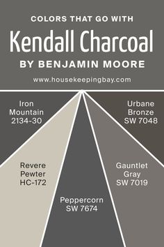 Colors That Go With Kendall Charcoal HC-166 by Benjamin Moore Kendall Charcoal Benjamin Moore, Mid Century Paint Colors, Charcoal Grey Bedrooms, Benjamin Moore Kendall Charcoal, Charcoal House, Charcoal Bedroom, Charcoal Grey Paint, Benjamin Moore Exterior, Kendall Charcoal