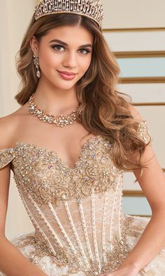 Off-the-shoulder quinceanera dress with a corset bodice and lace embroidery. Quinceanera Dresses Gold, Quince Dress, Quinceanera Dress, Corset Bodice, Embroidered Tulle, Prom Girl, Champagne Color, Lace Embroidery, Party Gowns