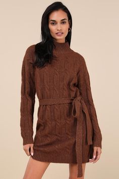 Bundling up for the season has never looked so fabulous thanks to the Lulus Warmed Up To You Brown Cable Knit Mock Neck Sweater Dress! Thick, cozy wool-blend cable knit (with a subtle marled effect throughout) shapes a mock neckline, long sleeves, and a relaxed bodice. The shift silhouette falls to a cute mini hem and features a tying belt that allows you to cinch the waist. Contrasting ribbed knit accents the neckline, cuffs, and hem. Fit: This garment fits true to size. Length: Mid-thigh. Size Gizele Oliveira, Cable Knit Dress, Mock Neck Sweater Dress, The Shift, Mock Neckline, Mock Neck Sweater, Large Size Dresses, Cable Knit, Day Dresses