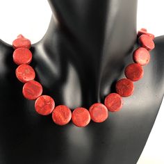 "This is a lovely choker necklace featuring red sponge coral rondelle beads and a silver tone magnetic clasp. Rondelles vary in diameter between 16.3 and 16.8 mm. Weight: 53.60 grams Length: 17\" Width: 16.5 mm (0.65\") Very good estate, preowned condition (see photos, video). All jewelry is sold in used, pre-owned condition. Vintage and antique items are expected to have some wear, imperfections, abrasions, scuffs, signs of use and age. Please look carefully at the photos; they are part of the Sponge Coral, Pretty Gift, Magnetic Clasp, Star Earrings, Antique Items, Silver Bracelets, Jewelry Pieces, Hippie Boho, Necklace Lengths