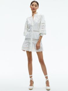 Cailin Tunic Tiered Mini Dress In Off White | Alice + Olivia Mini Dress Outfits, Tiered Mini Dress, Alice And Olivia, Grad Dresses, Mock Neckline, White Eyelet, Eyelet Lace, Vintage Vibes, White Mini Dress