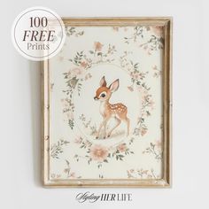 a deer is standing in front of a floral frame with the words, 100 free prints