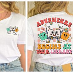 two pictures of a woman wearing a t - shirt that says adventure begins at your library