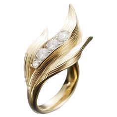 This contemporary Lily of The Valley Ring is made of 18 karat yellow gold and 4 round diamonds (0,65 carats). It has a sculptural shape. We use the best natural diamonds VS, F-G, we work with German gemstone companies that have been in business since the 19th century. The ring can be personalised with a name or a saying. Please allow us time to customize the ring. The ring can be ordered as usual fashion ring. The size and the colour of the gold can be changed. Sculptural Engagement Ring, Ring Sculpture, Sculptural Ring, Art Jewelry Design, Contemporary Ring, Fine Art Jewelry, Ring With Diamond, Custom Ring Designs, Engagement Ring Sizes